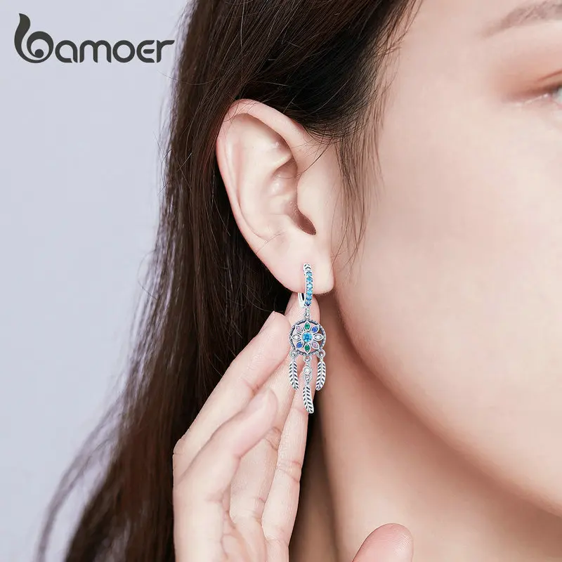 Bamoer Bohemia Ловец снов Висячие серьги для женщин Boho Стиль 925 пробы серебряные Модные Ювелирные изделия Подарки SCE713