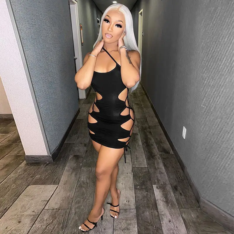 

2021 new summer dress sexy waist hollow strap tight black suspender party dress