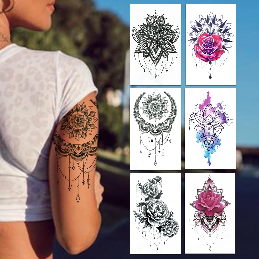 

Временные татуировки Mehndi Moon для женщин и девушек, наклейки-татуировки с цветами розы хны, акварелью, лотосом, совой, искусственные ювелирные...