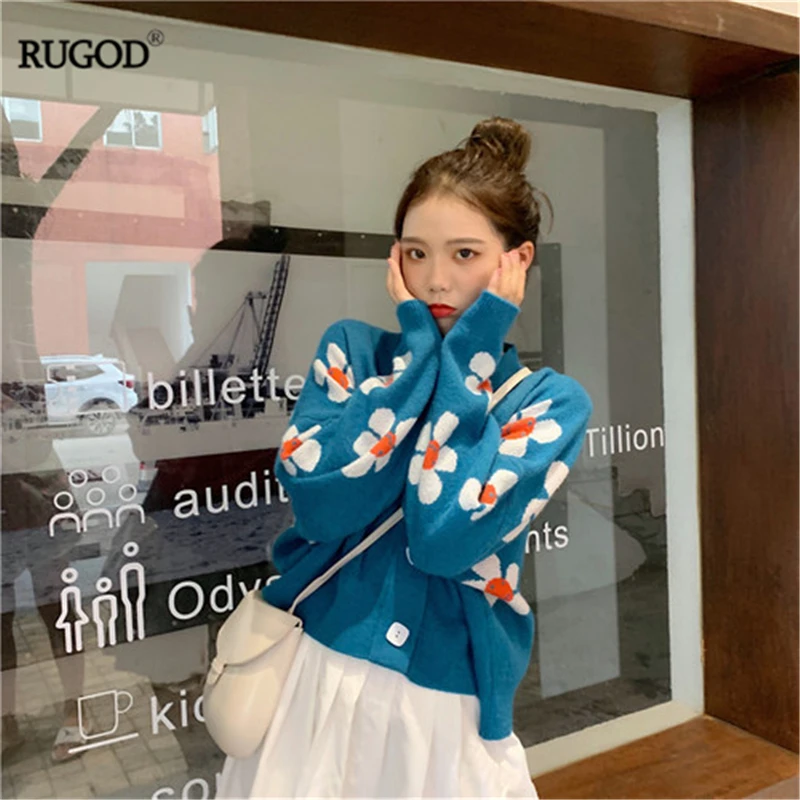 RUGOD 2019New женский свитер с цветочным узором v образным вырезом однобортные
