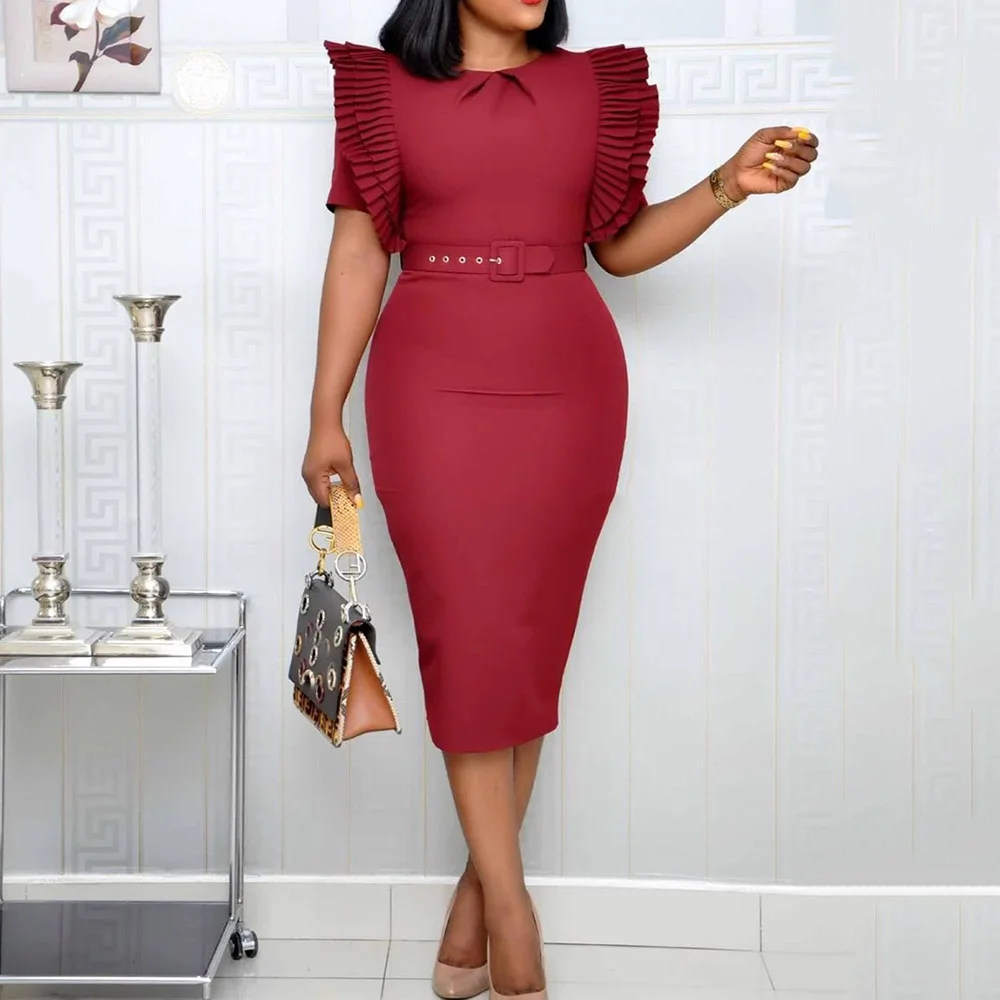 Элегантное женское офисное платье плиссированное с оборками высокой талией