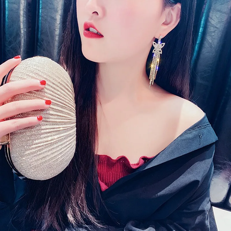 

2021 Exquisite Exaggerated Rhinestones Zircon Butterfly Long Tassel Earrings Fashion Female Banquet Dress Accessories Jewelry
