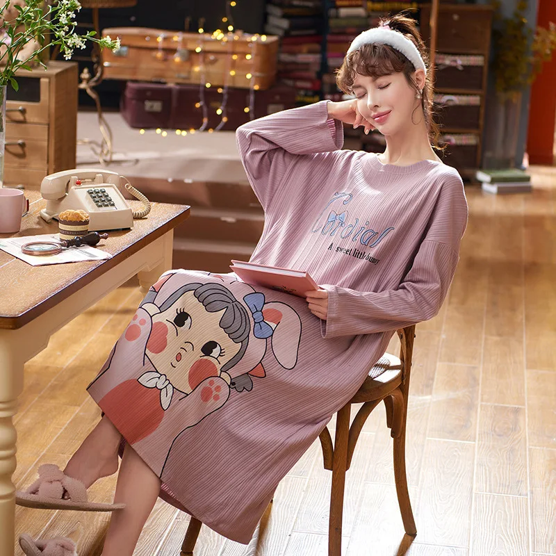 

Autumn/Winter Cotton Women's Homedress Nightdress Long Sleeve Nightgowns One-piece Dress Sleepwear Fashion Loose Home Clothing