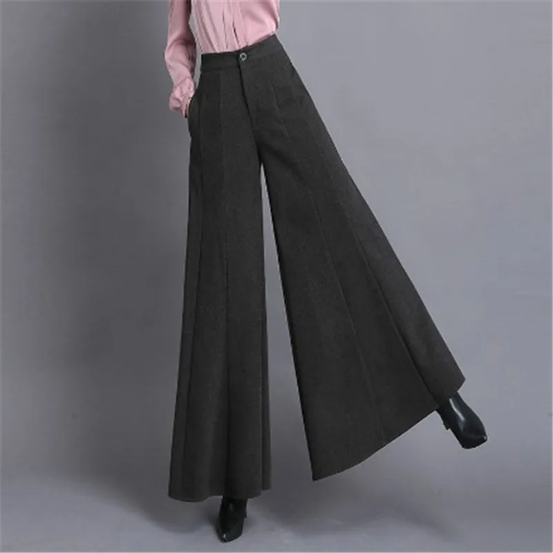 Elegant Woolen Wide Leg Pant Women High Waist Thickening Warm Skirt Pant Female Fashion Loose Trousers Plus Size S-3XL RM50013