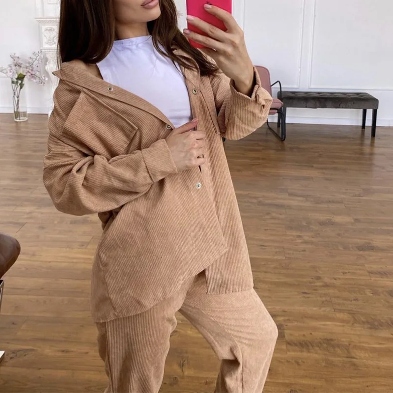 

Velvet Women's Turn-down Shirt Solid Trousers Set 2021 Autumn Buttons Long Sleeve Shirts Elastic Waist Pants Female Casual Set