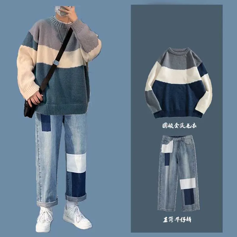Осенне-зимний мужской пуловер из двух частей свитер в полоску красивые джинсы