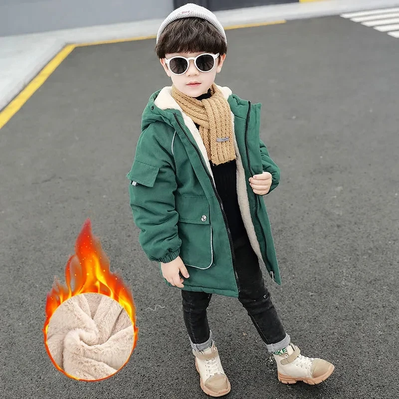 

Winter Cotton Boys Jacket 2021 New Korean Fashion Plus Velvet Thicken Printing Hooded Mid-Length Top Casual Children's Clothing