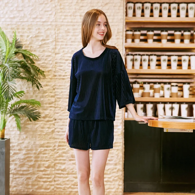 Женский пижамный комплект однотонная Вельветовая одежда для сна с круглым