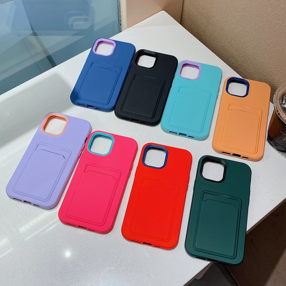 Shockproof Candy Color Card Slot Holder Case for iPhone 11 12 13 14 Pro XR Xs Max X 7 8 Plus Drop Protection Soft Cover Bag