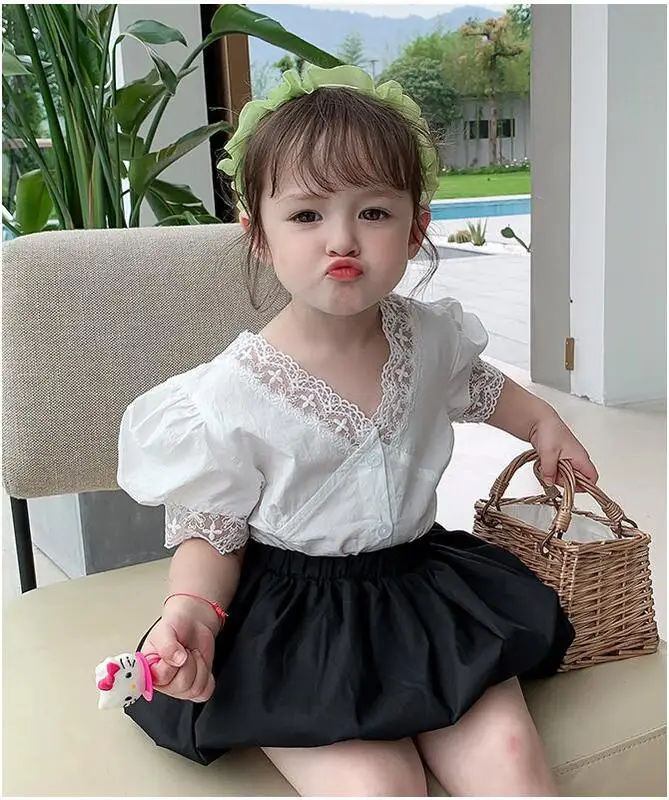 Летняя детская одежда для подростков Модная Корейская кружевная блузка с