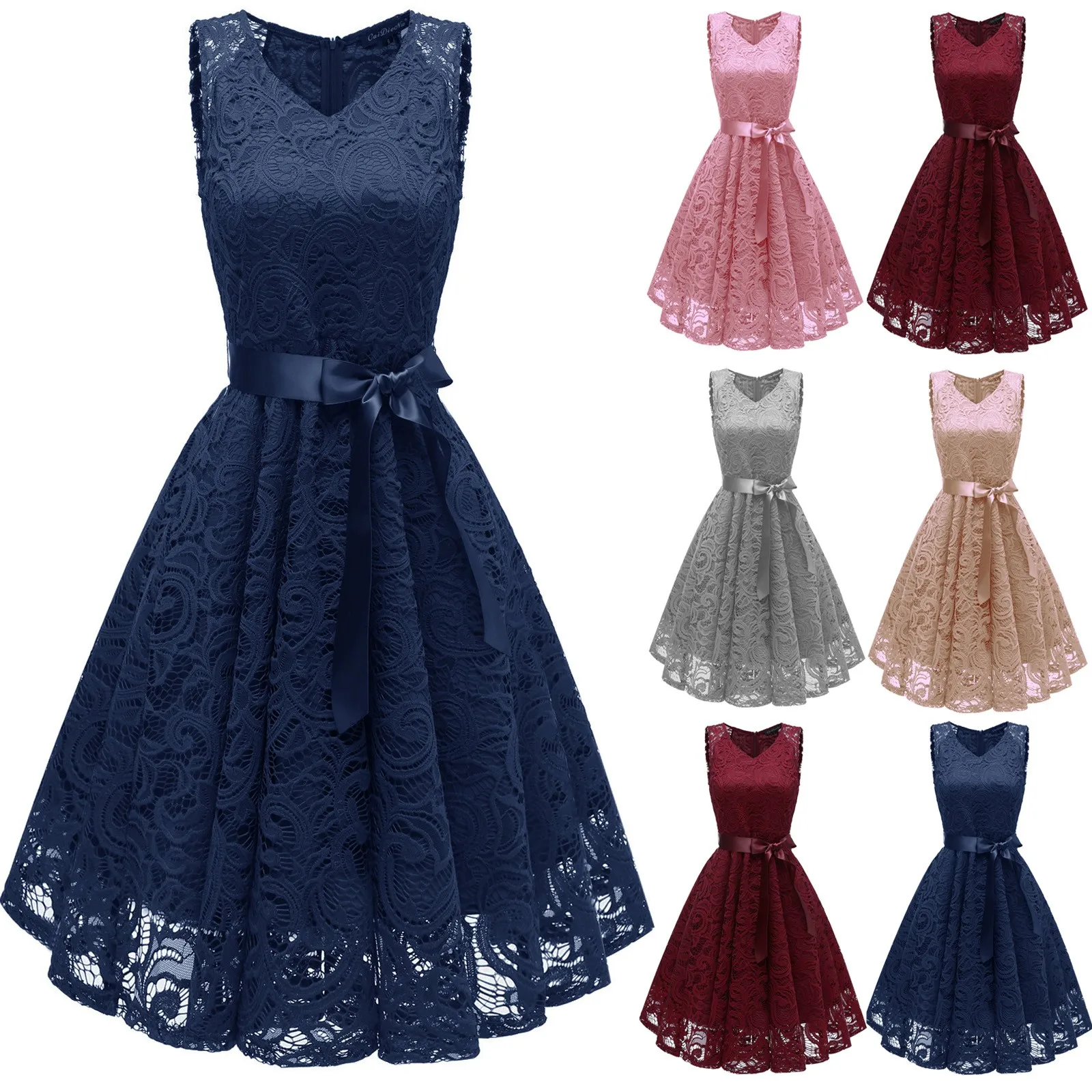 

Ladies Sexy V-neck Sleeveless Lace Belt Bowknot Dress Summer Fashion Pure Color Sling A-line Knee-length Dress