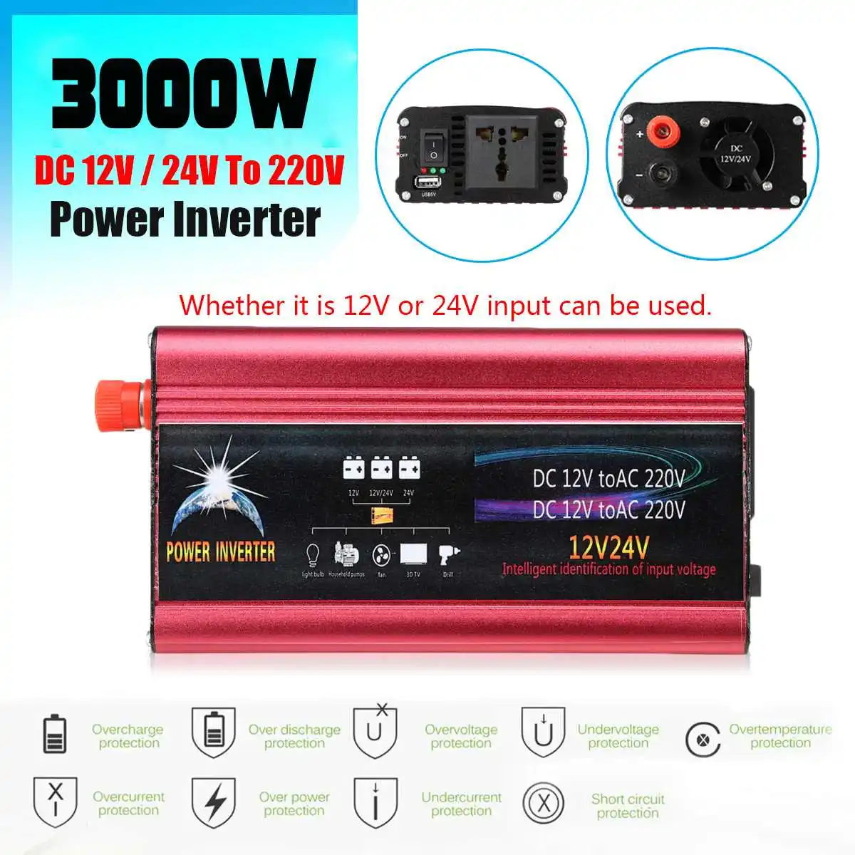 Автомобильный инвертор 3000 Вт DC12/24 В к AC 220 В солнечный инвертор модифицированный синусоидальный инвертор, автомобильное зарядное устройство, преобразователь адаптер