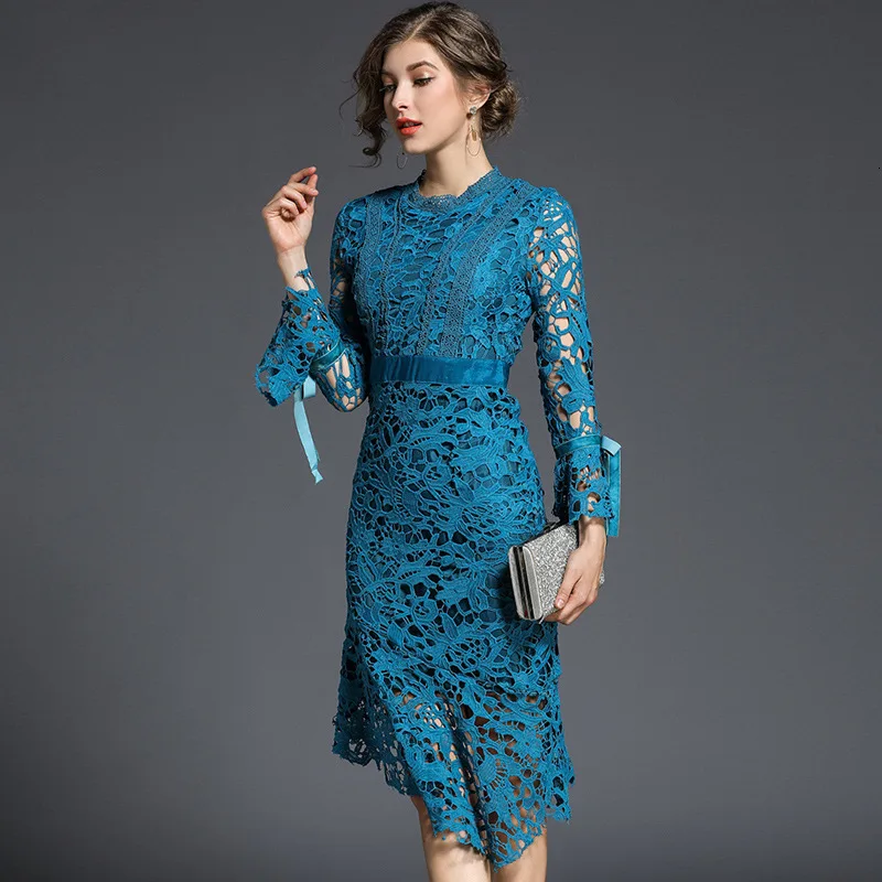 BacklakeGirls Ever Pretty Lake Blue Scoop Neck Full Sleeve Knee Length Hollow Out Lace Cocktail Dress Suknie Wizytowe Plus Size | Свадьбы и