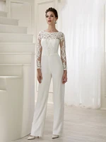 white jumpsuit women lace stitching long sleeve o neck plus size wide leg long pants office lady jumpsuits for women lugentolo