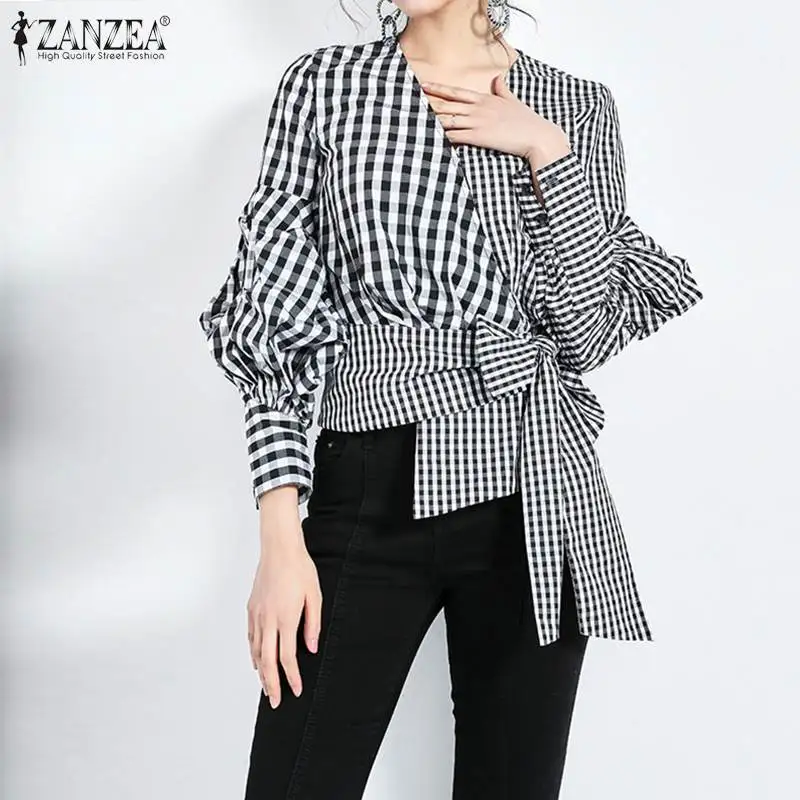

ZANZEA Fashion Woemn's Asymmetrical Blouse 2021 Spring Office Ladies Plaid Shirts Casual V-neck Lantern Sleeve Tops