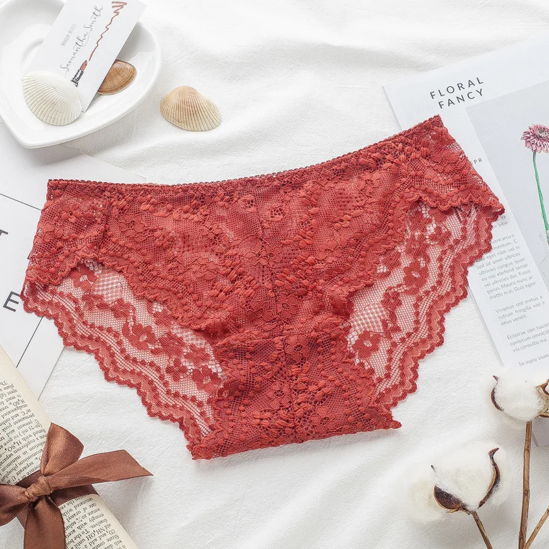 

2021 New Japanese Lace Underwear Women's Transparent Temptation Low Waist Seamless Sexy Cotton Crotch Summer Breathable Briefs