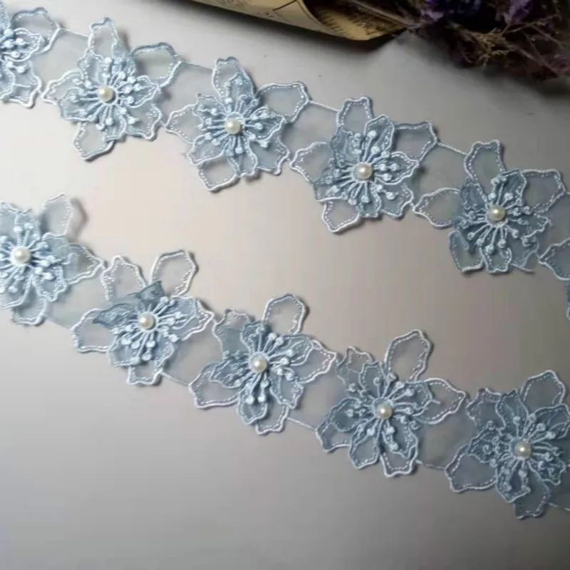 20 шт./лот 8 см ткань с вышивкой из органзы синими лепестками и цветами кружевная