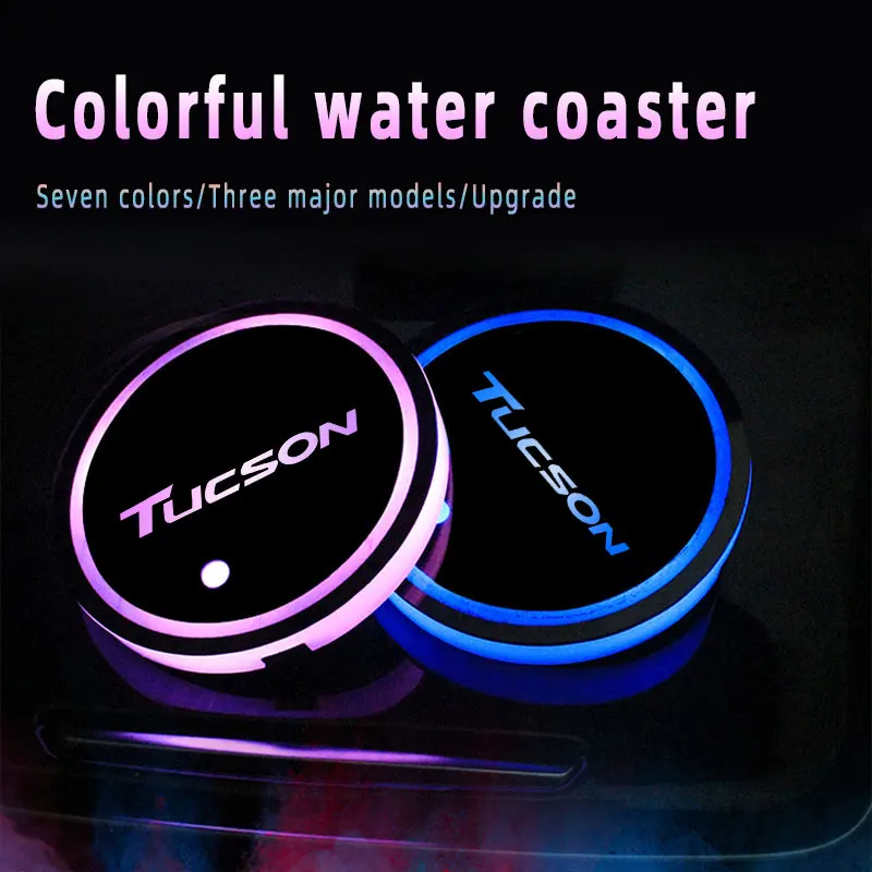 

Car Logo Led Atmosphere Light 7 Colorful Cup Luminous Coaster Holder For Hyundai Tucson 2005-2009 2013-2022 Auto Accessories