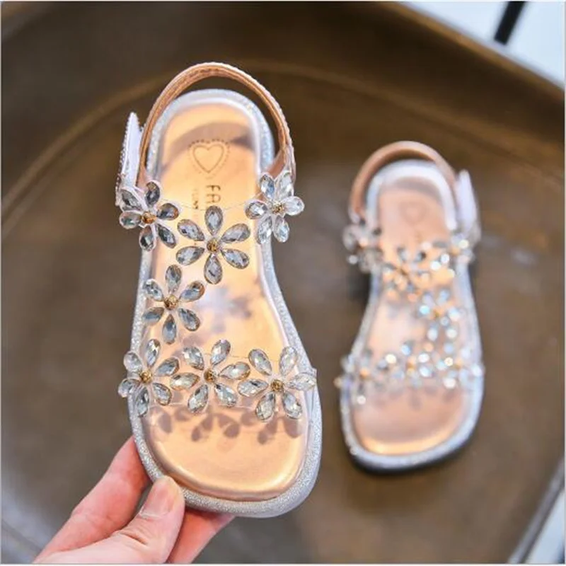 

Baby Girl Sandals Crystal Bling Diamond Flower Princess Dance Shoes 2021 Summer Small Big Kids Party Shoes1-3-4-6-7-12 Years Old