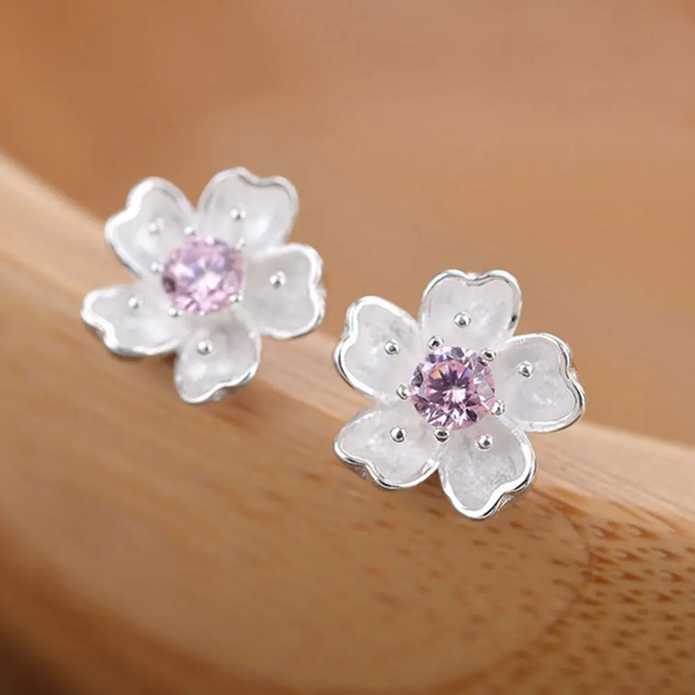 1 пара вишня с кристаллами цветок серьги-гвоздики Сакура серьги серебро |