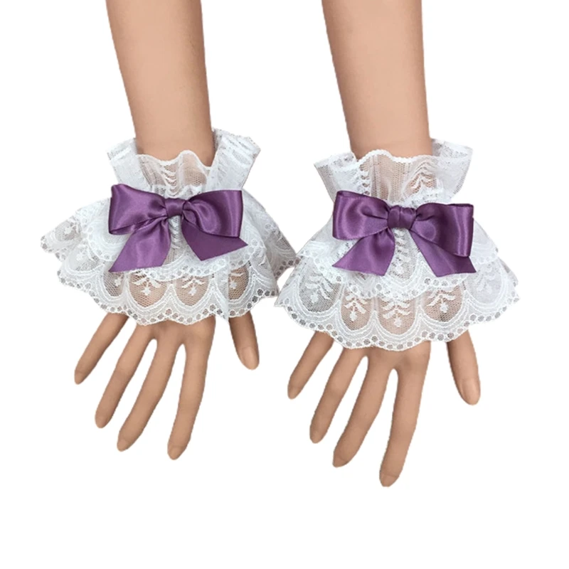 

Japanese Lolita Hand Sleeve Wrist Cuffs Sweet Ruffled Lace Multicolor Bowknot Maid Cosplay Bracelet for Wedding Party K3NF