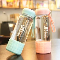 portable glass bottle square lid non slip glass with silicone bottom heat resistant glass creative student lovers water cup