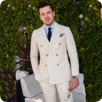 summer beach casual linen man suits for wedding groom tuxedo double breasted peaked lapel man blazer suit 2 piece custom made