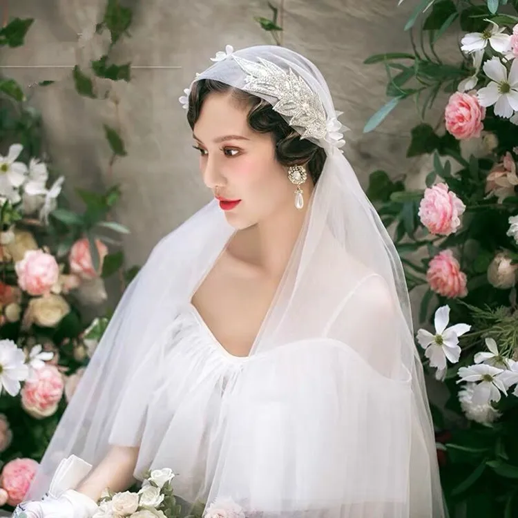 Super fairy sweet handmade sequin veil wedding styling three-dimensional flower beautiful photo accessories |