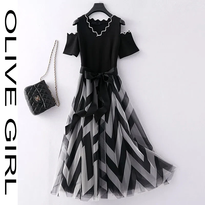 

Summer Large Size Strapless Striped Dress Female Hepburn Little Black Dress New Style Fashion Stitching Mid-length Mesh Dress