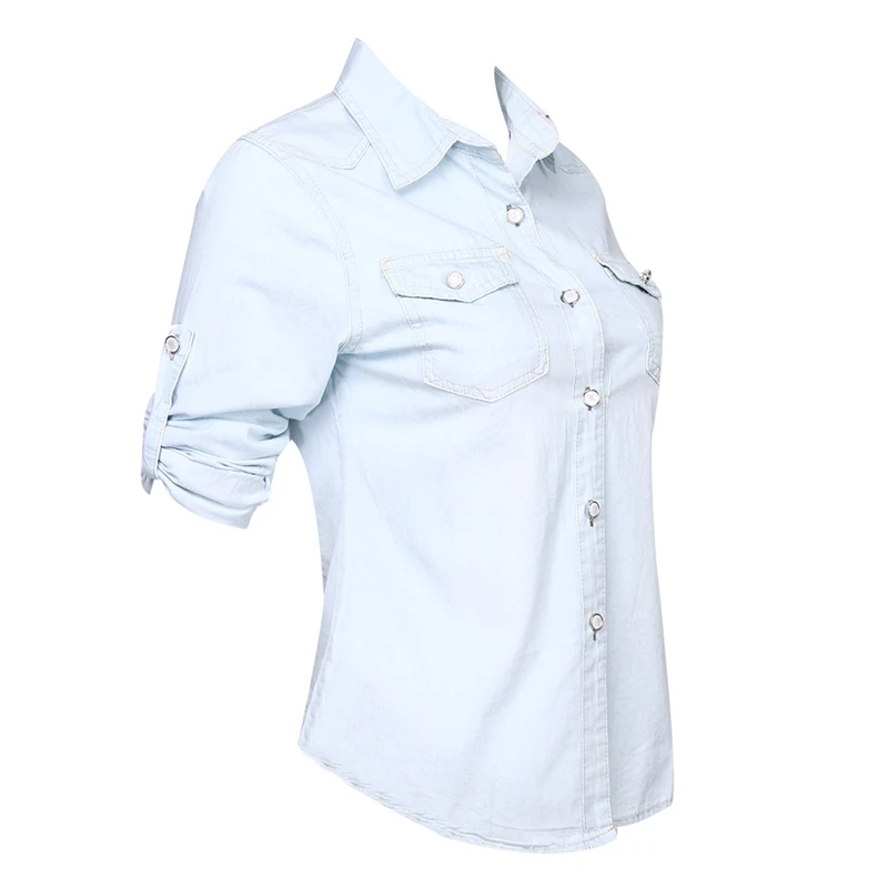 Блузка женская джинсовая однотонная с длинным рукавом модная повседневная