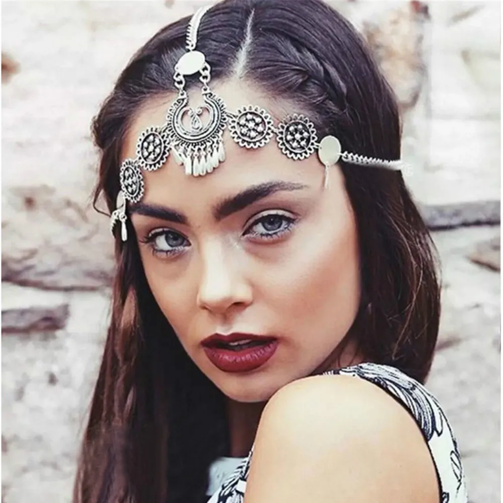 Fashion Simple Retro Hollow Carved Tassel  Hair Accessories Vintage Silver Color Boho Ethnic Head Chain Hair Jewelry For Women