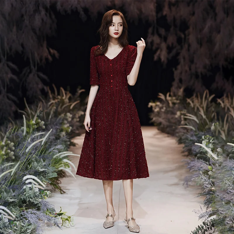 wei yin AE0364 2020 Burgundy Evening Dresses Half Sleeves Zipper Party Gowns V Neck vestidos de festa Formal Dress | Свадьбы и