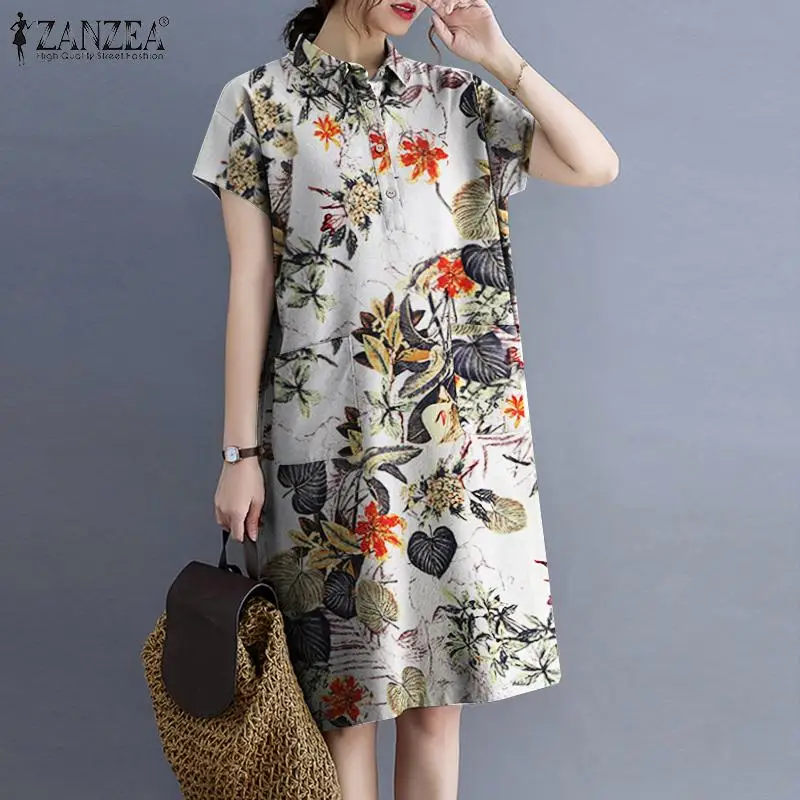 

Летнее Повседневное платье ZANZEA с длинным рукавом и цветочным принтом, винтажная Женская свободная рубашка с карманами, платье в богемном ст...