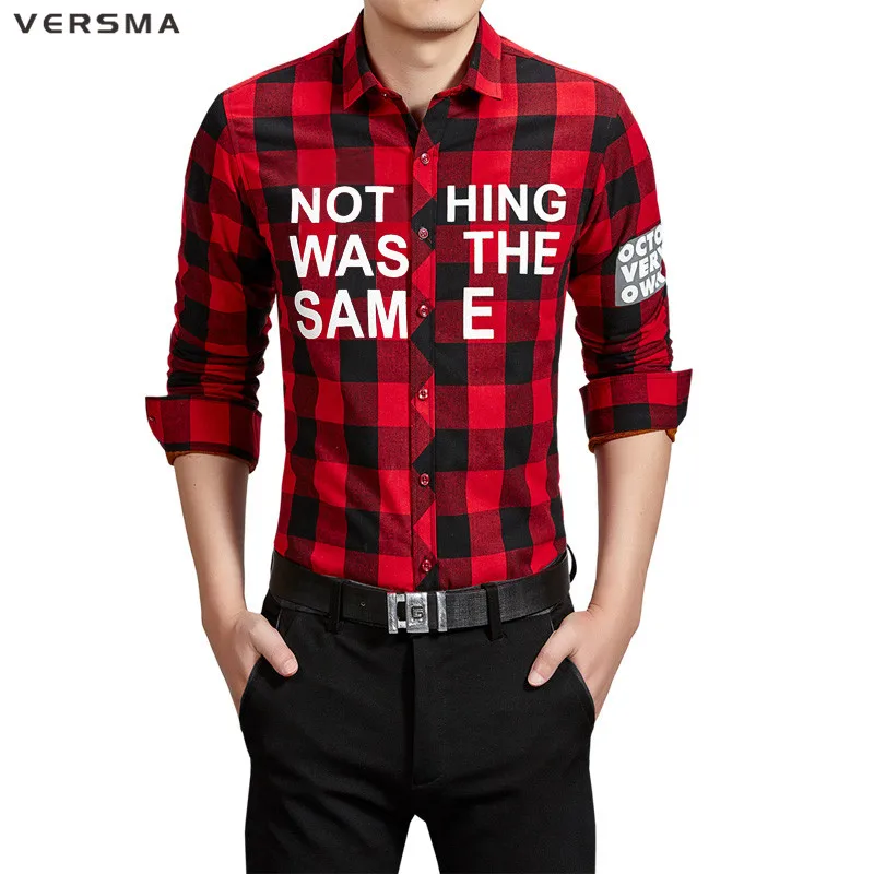 

VERSMA Men Red Plaid Shirt Fashion Brand Slim Fit Cotton Casual Shirt Men Long Sleeve Stylish Social Mens Dress Shirts Plus Size