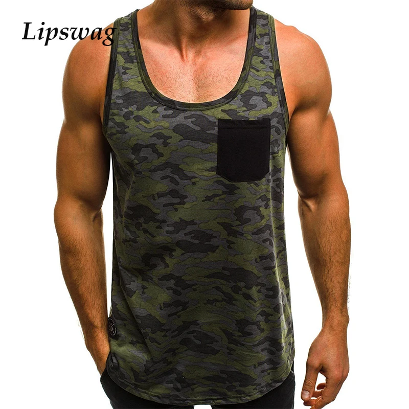 

2021 Summer Mens Sleeveless O-Neck Tank Tops Casual Pocket Patchwork Streetwear Male Fashion Camouflage Printed Loose Vest Sport