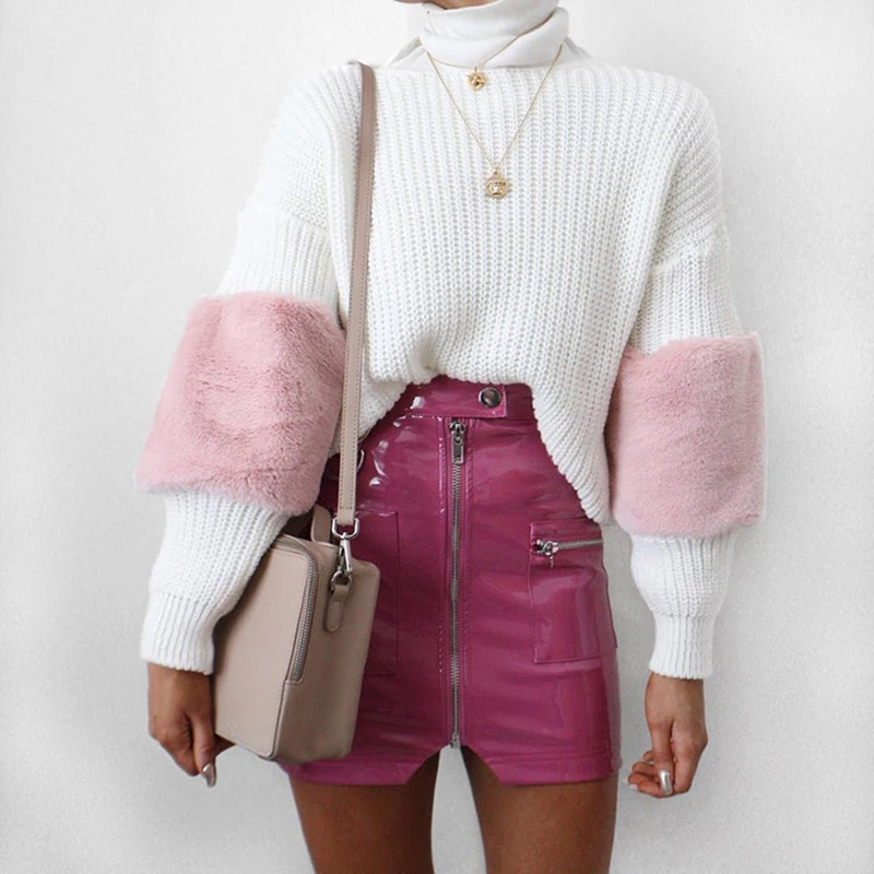 

Spring Autumn Mini Skirts PU Women Sexy Solid Color Zipper Patchwork Pockets Button Fashion Women High Waist Pencil Skairt