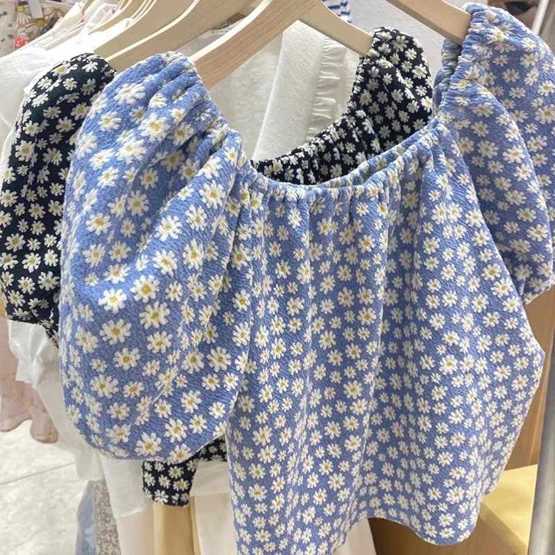 

ZAWAHIKI Korean Elegant Sweet Print Blouse Women Summer 2021 O Neck Pullover Puff Short Sleeve Loose Tops Short Blusas
