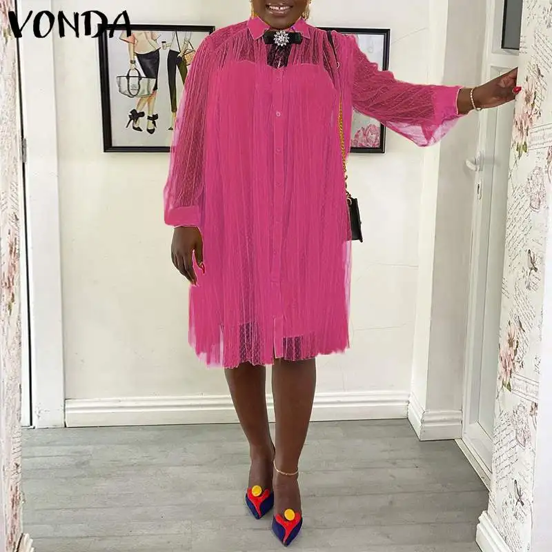 

Женское прозрачное кружевное платье VONDA 2022, винтажное праздничное платье-рубашка средней длины с длинным рукавом, отложным воротником, Повс...