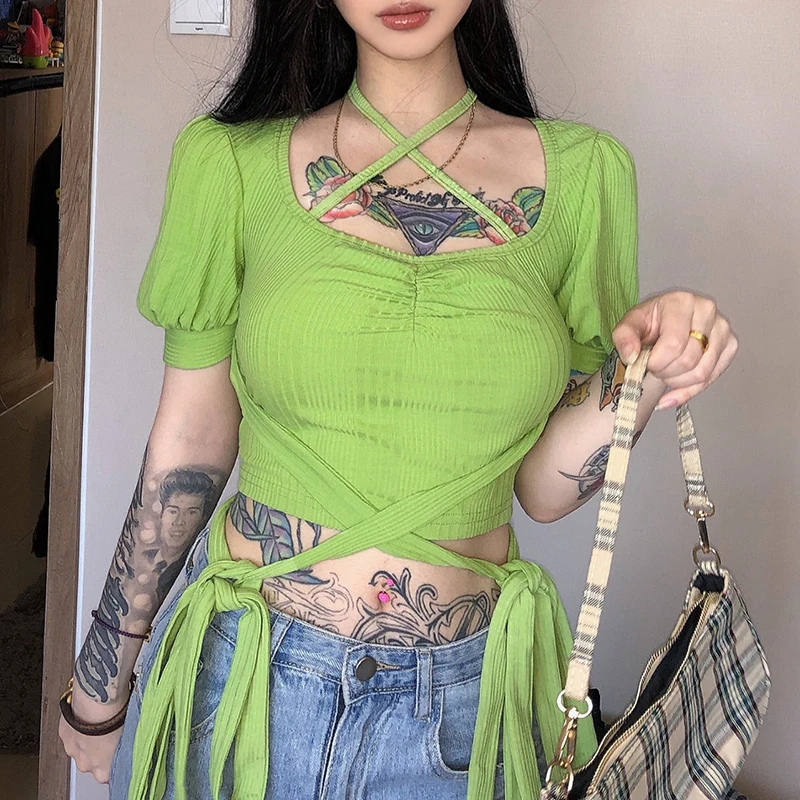 

Rapcopter Y2K Green Crop Top Summer Cross Halter Tshirt Harajuku Bandage Tee Top Women Pullovers Trendy Streetwear Sexy Costume