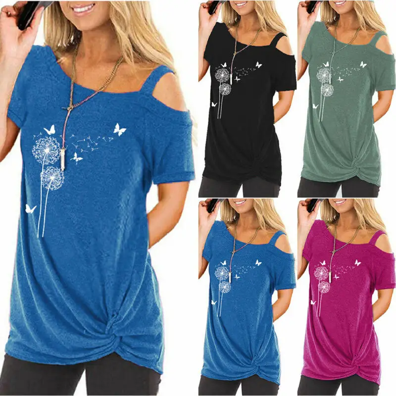 

Womens Clothing Short Sleeve T Shirt Dandelion and Butterfly Printed One Shoulder Casual Tee Summer Ladies Tops Plus Size
