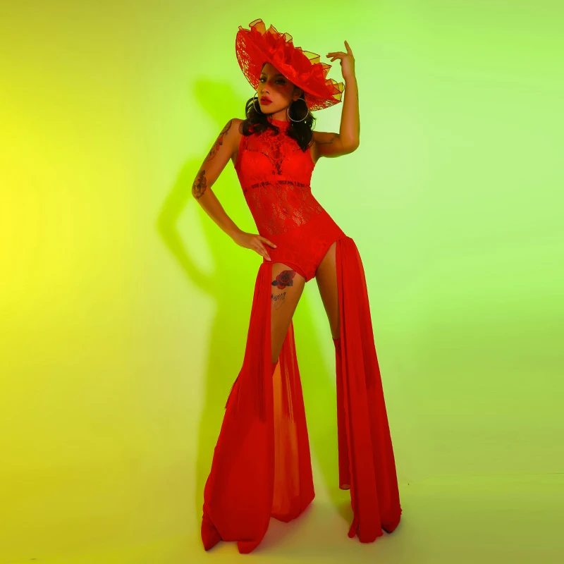 

Sexy Red Lace Tassel Perspective Bodysuit Nightclub Bar DJ Singer Leading Dancer Stage Wear Women Nightclub Dance Costume