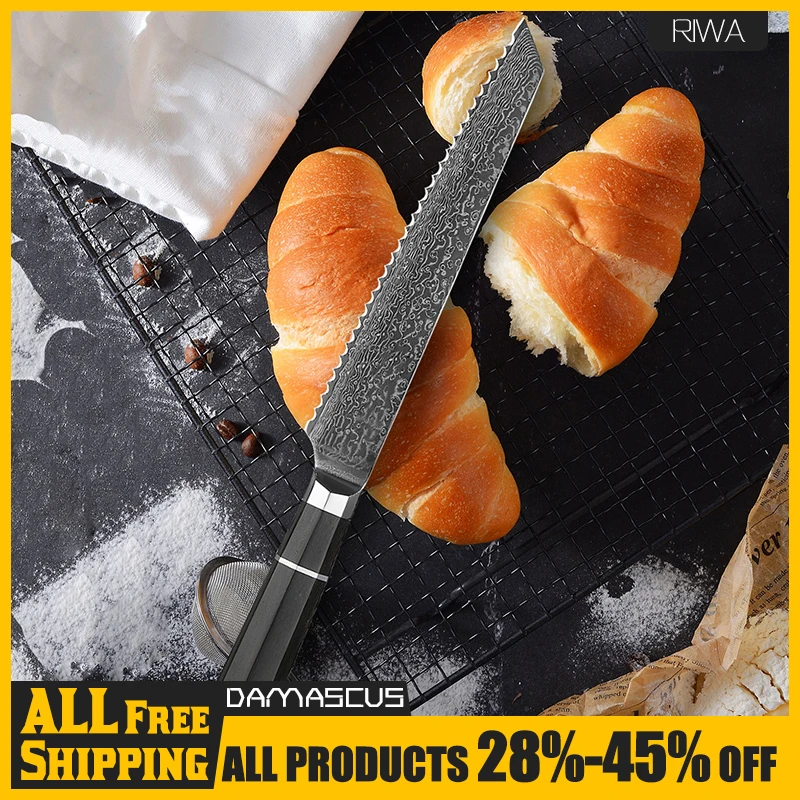 

8 Inch Serrated Bread Knife Japanese Damascus Stainless Steel VG10 Kitchen High Quality Cheese Cake Knives Cutter/Leveler Cutter