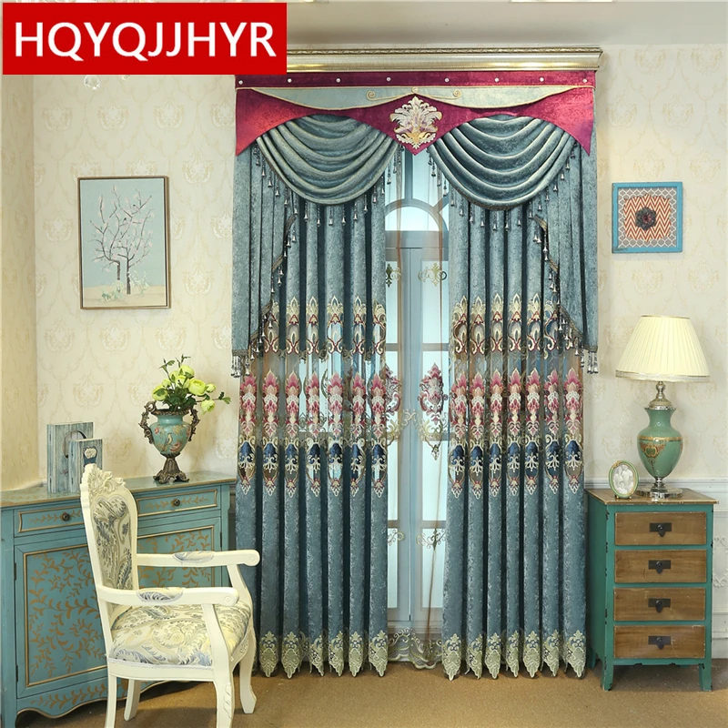 Синие классические европейские и американские роскошные шторы с вышивкой