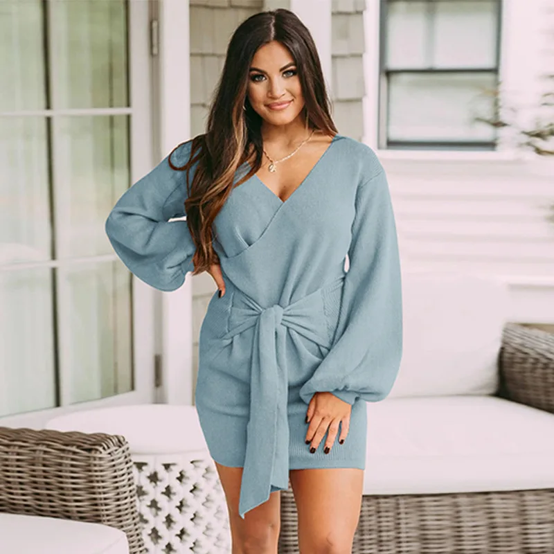 

New women's dress, long-sleeved short skirt, V-neck lace-up solid color dress