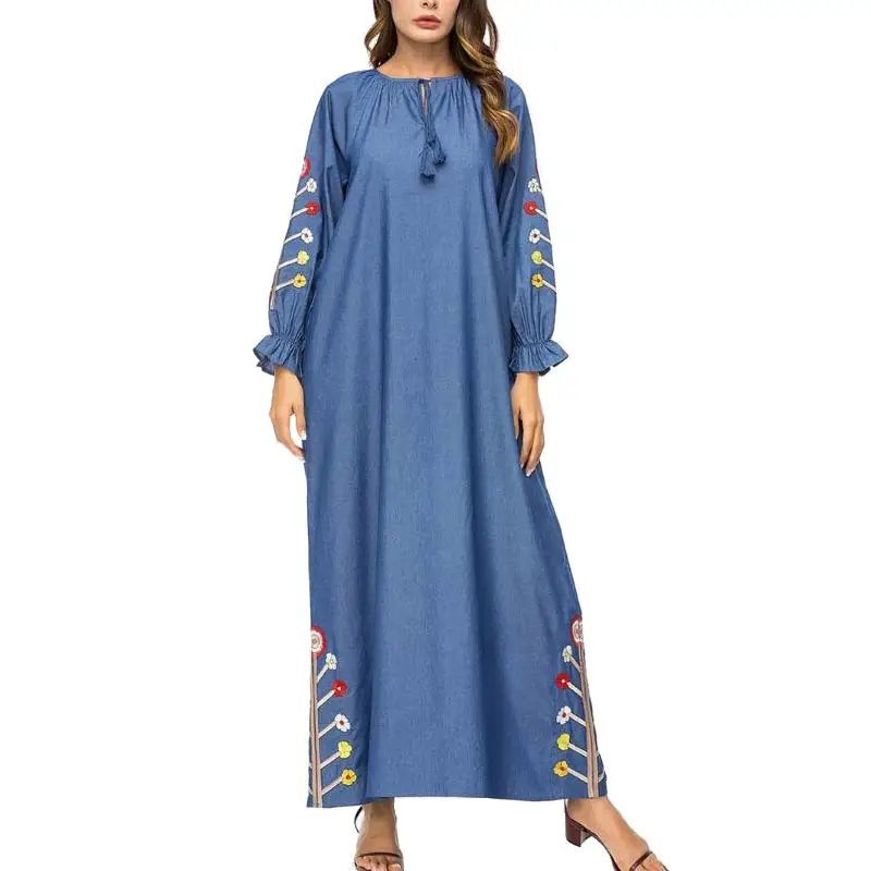 Blue MISSJOY New Fashion muslim clothing dubai Women Long Sleeve Denim Abaya Embroidery flower Patchwork turkey islamic Maxi dress - Цвет: Blue
