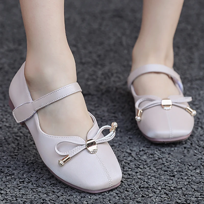 Весна 2020 Детская обувь принцессы с бантом на плоской подошве жемчугом Розовая