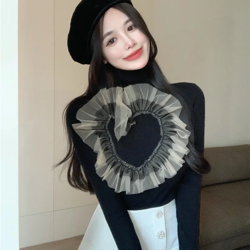 

Knitted Sweater Pullover Women Heart Mesh Ruffles Patchwork Turtleneck Inside Base Pullover Crop Top Stretch Sexy Lady Fairycore