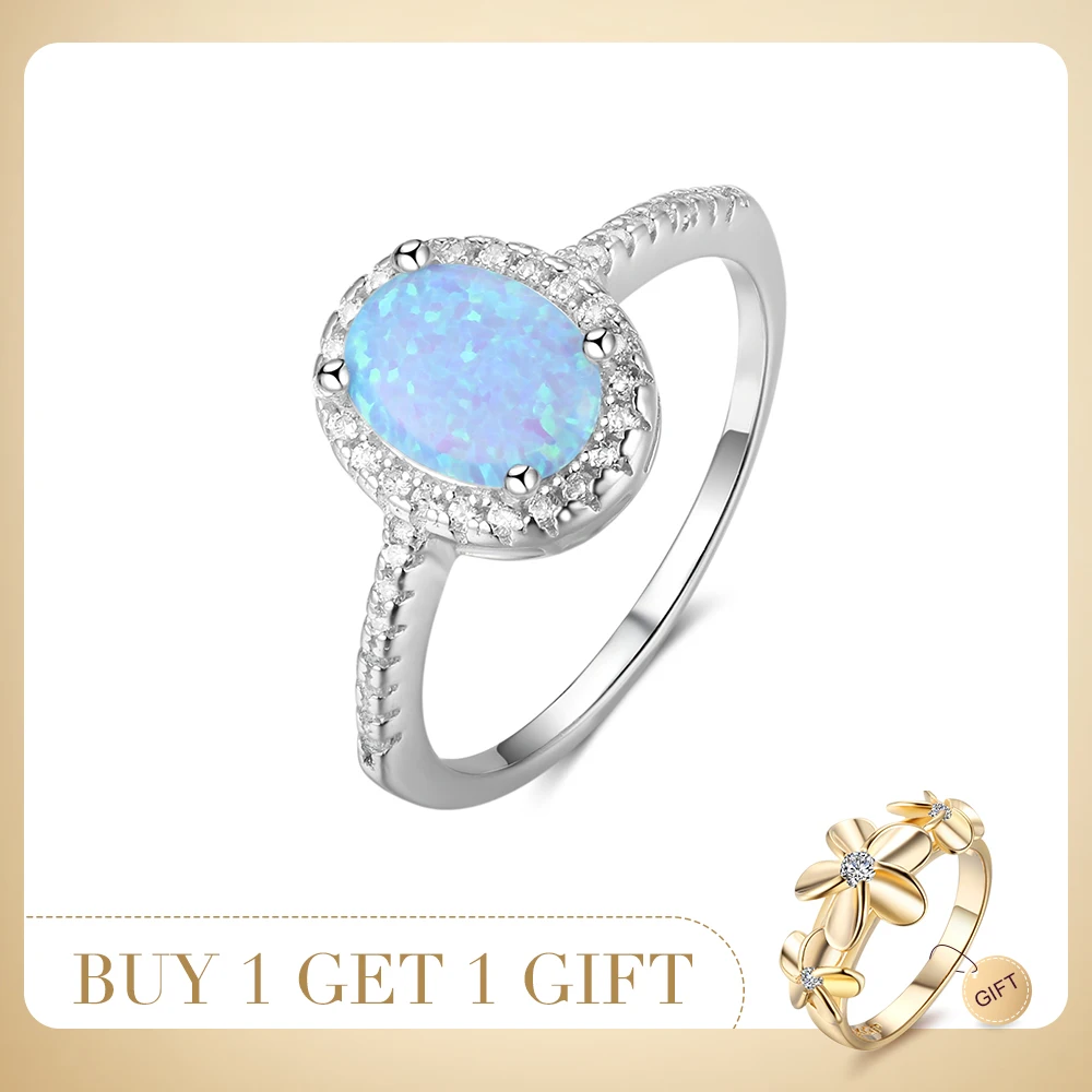 

Promise 925 Sterling Silver Ring Blue Opal Stone With For Women Valentine's Day Romantic Gift(Lam Hub Fong)