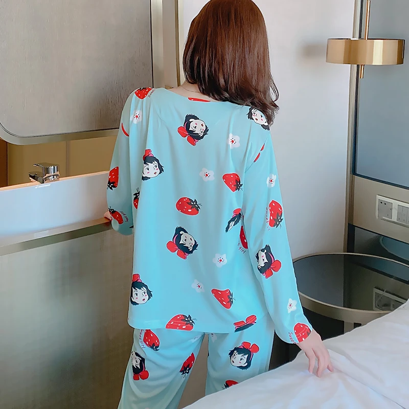 

New cartoon Long Sleeve Pajamas Polyester Set Women Sleepwear 2Pcs Nightwear for Women Sleepwear Set Long Pant Pajamas for Women