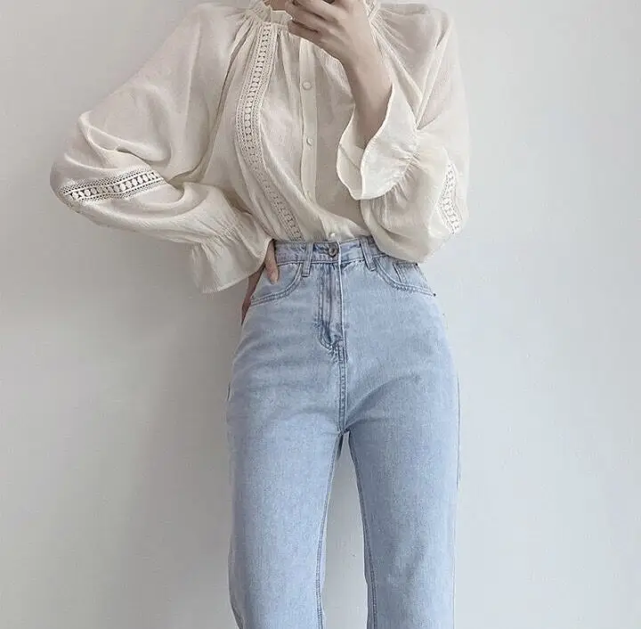 

Houthion New Women's Blouse Pure Color Stitching Casual Shirts Korean Long-sleeved Ruffled Fashion Tops Beach Style